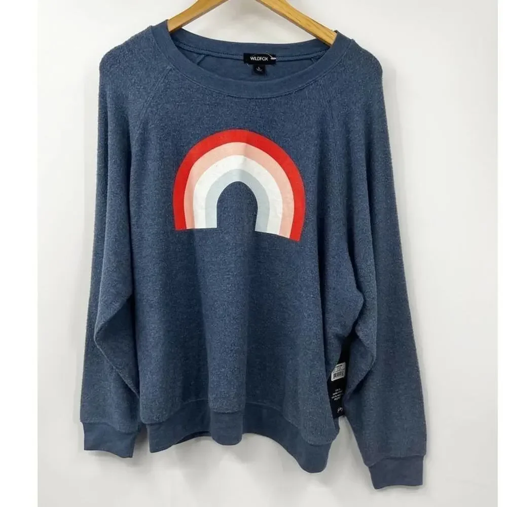 Wildfox Sweatshirt Women's Freedom Rainbow Pullover Stretch Blue Size L‎ New - Picture 2 of 8